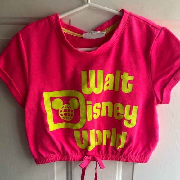 Walt Disney World Girls Pink/Yellow Neon Graphic Logo Print Cropped Tee Size XS - Picture 1 of 6